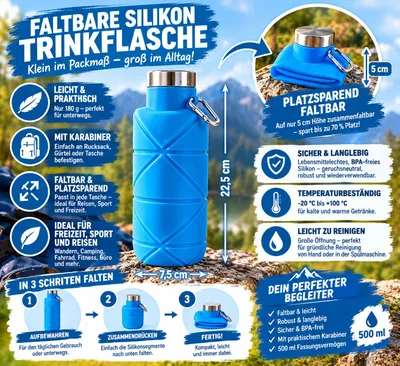 Produktbild von Faltbare Silikonflasche 500 ml mit Karabinerhaken in Blau