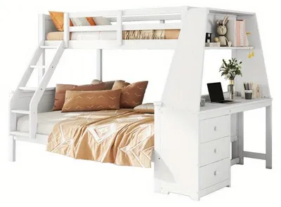 Produktbild von Etagenbett mit Schreibtisch und Stauraum, 90x200 cm und 140x200 cm, weißes Kinderbett