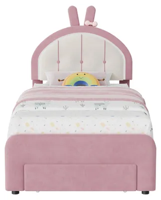 Image de Lit pour enfant - Lit avec sommier tapissé 90 x 200 cm - Tête de lit LED - Tête de lit rembourrée - 1 tiroir - Bois - Rose
