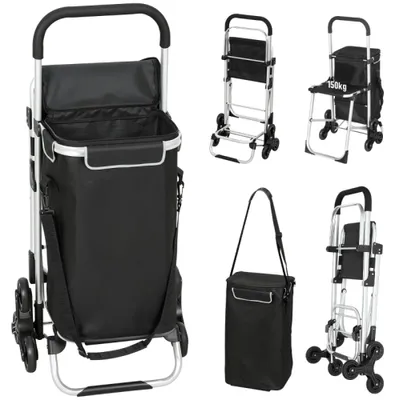 Productafbeelding van Zimilo boodschappenwagen met trappenhulp en zitplaats, 40 liter waterdichte tas, inklapbare aluminium boodschappenwagen, 3-in-1 rollende boodschappenkar, zwart