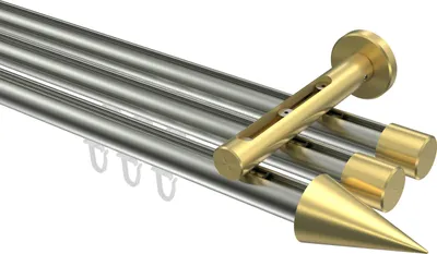 Produktbild von Interdeco Innenlaufstange / Gardinenstange mit Innenlauf Edelstahl-Optik / Messing-Optik, Typ Siteno Savio (Kegel), 20 mm Ø 3-läufig, 320 cm