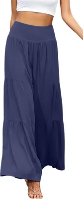 Produktbild von ASKSA Damen Leinenhose Sommer Elegant Hohe Taille Weites Bein Freizeithose Leichte Hosen, Dunkelblau, Groesse: XXL