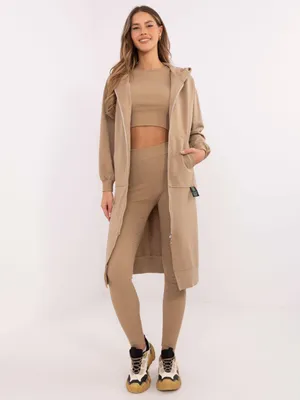 Produktbild von Eleganter Trainingsanzug Damen Set mit Leggings und Sweatshirt sportlich bequem Dunkelbeige Einheitsgröße (S-M)
