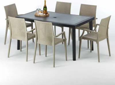 Produktbild von Poly Rattan Tisch Rechteckig mit 6 Bunten Polyrattan Stühlen 150x90 Schwarz