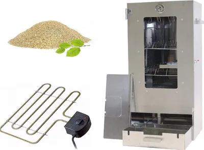 A collage of items related to smoking food, including wood chips, an electric heating element, and a smoker.