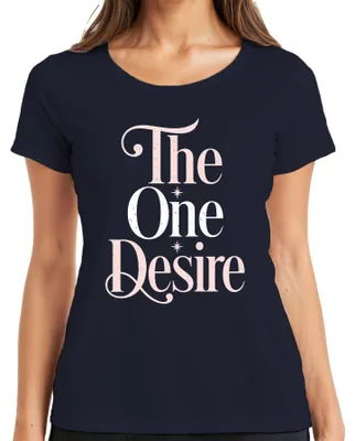Immagine prodotto di Maglietta da donna, colore blu navy, taglia S, con la scritta "The One Desire" e il testo della canzone "I Want It That Way" e l'immagine di un gruppo musicale (boyband)