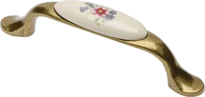 Produktbild von GTV Möbelgriff 728P, BA 96 mm, Zamak und Porzellan, Oberfläche: Altmessing, Motiv: spring fleur