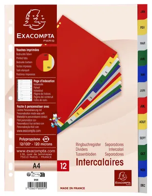 Produktbild von Exacompta Trennblätter DIN A4, 12 Register, Polypropylen 120 µm, mit Monatsnamen