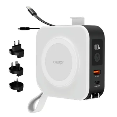 Productafbeelding van CHEROY ChargePack Multi - 5 in 1 Travel Power Bank - 10.000mAh Draadloze Oplader - Wereldstekker - Reisstekker - Snellader - Geschikt voor MagSafe