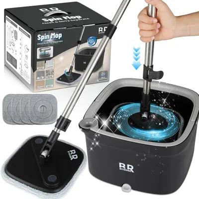 Produktbild von Wischmopp-Set Spin Mop Eimer mit Auswringer - 360° - 4 Mikrofaserpads