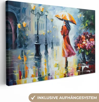Produktbild von MuchoWow® - Leinwandbilder - Ölgemälde - Regenschirm - Frau - Straße - Kunst, Wandbild, Wanddeko Bilder Wohnzimmer, 120x80 cm