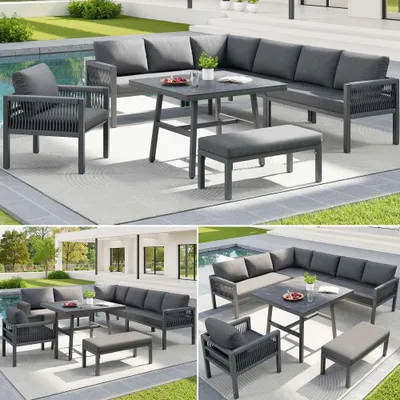 Produktbild von Gartenmöbel Set L-Form Sofa 8 Personen wetterfest Polyrattan mit Tisch Marmor Glas 2 Sessel