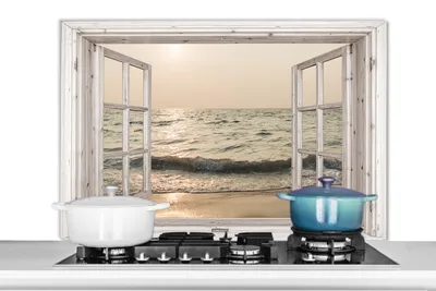 Produktbild von KitchenYeah®  Spritzschutz Küche - Küchenrückwand - Wandschutz für Herd und Spüle - Aussicht - Meer - Strand 100x65 - Alu-Dibond (Alternative zum Spritzschutz aus Glas) - Hitzebeständig - Herdspritzsc