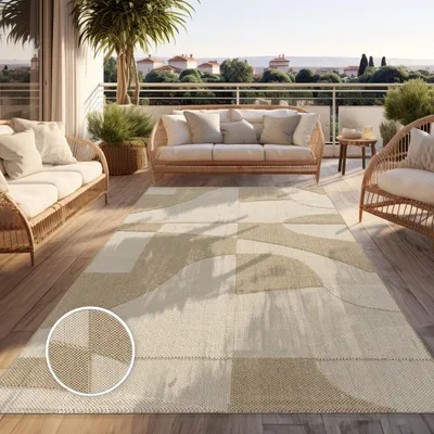 Image de Tapis d'extérieur résistant aux intempéries Balcon Salon Boho Géométrique Beige Crème Dimensions 200 x 280 cm