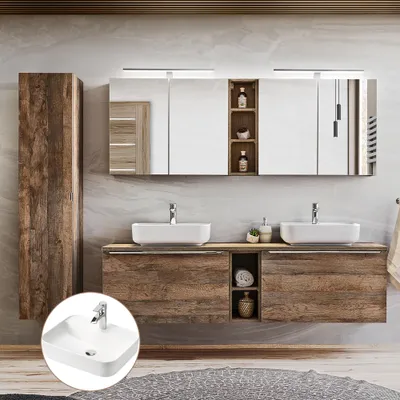 Produktbild von Badmöbel Komplett-Set in Vintage Oak Eiche PUEBLA-56 Doppel-Waschtisch mit 2 Keramik-Waschbecken, 2 LED-Spiegelschränke & Hochschrank B/H/T 225/200/46 cm