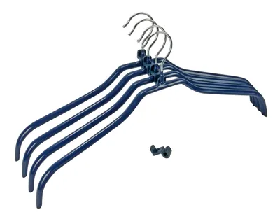 A set of dark blue hangers with silver hooks, and a small dark blue clip, on a white background.