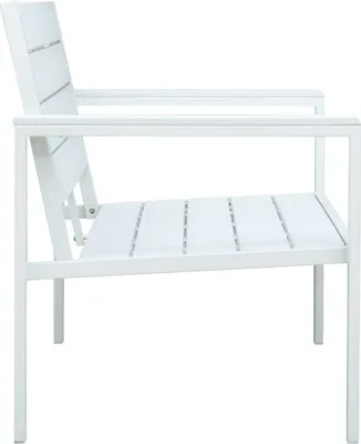 A side view of a white garden bench.