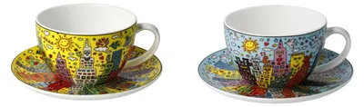 Produktbild von 2er Set James Rizzi Tassen mit Untertasse 250ml blau + gelb Goebel Pop Art