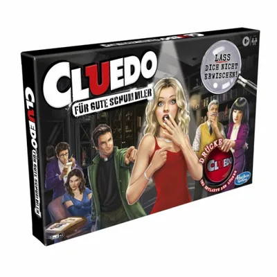 The image shows the packaging of the Cluedo board game, featuring illustrations of characters and the game's logo.