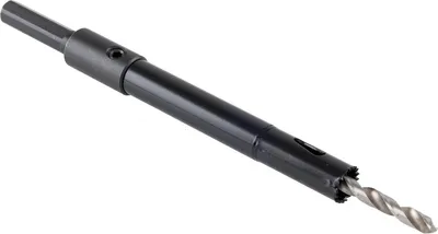 A close-up shot of a hole saw drill bit attachment on a white background.