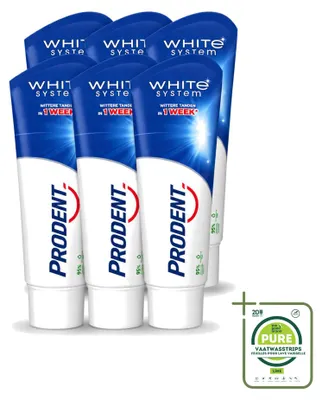 Imagen del producto de 6 tubos de pasta dental Prodent White System, que blanquea los dientes de forma natural, 75 ml cada uno. Pack grande, contiene 6 unidades