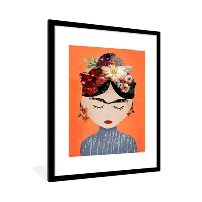 Produktbild von MuchoWow® gerahmtes Poster – Porträt – Frida Kahlo – Orange – Frau – Blumen – 60x80 – Wandposter-Rahmen, Foto