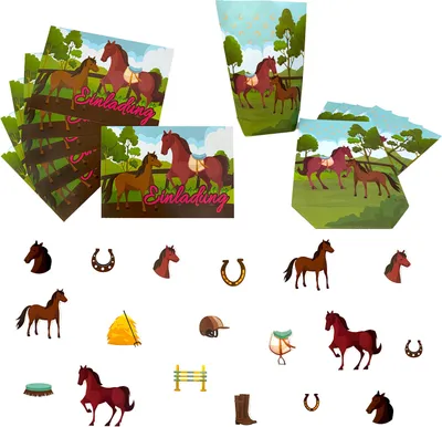 Produktbild von Oblique Unique Pferde Deko Set - Geschenktüten + Einladungskarten + Konfetti Set für Kinder Geburtstag Motto Party