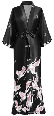 Obrázek produktu pro Dámský župan, model kimono – maxi délka – vzor s jeřaby – polyesterový satén – vhodný na pláž/na večírky – univerzální velikost – župan