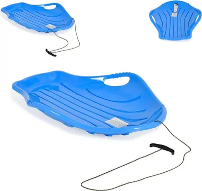 Multiple views of a blue plastic sled with a rope and handle.
