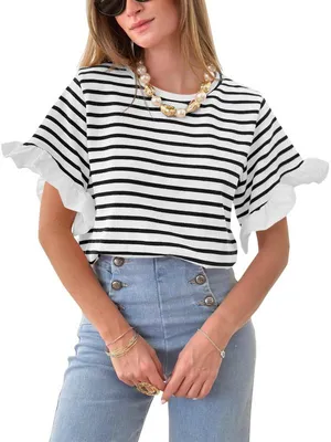 Produktbild von Gestreiftes Damen-T-Shirt, Rüschenärmel, Rundhalsausschnitt, kurze Ärmel