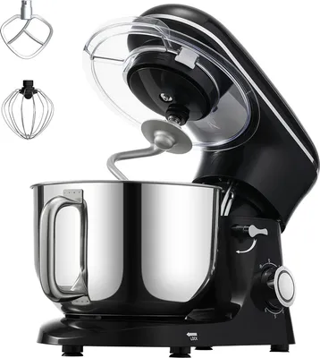 A black stand mixer with a stainless steel bowl and accessories is shown against a white background.