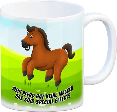 Produktbild von Kaffeebecher mit Pferde Motiv und Spruch: Mein Pferd hat keine Macken, das ...