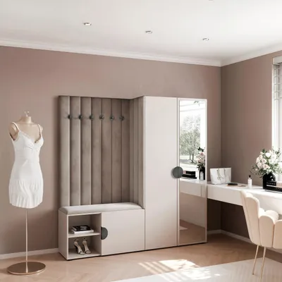 Produktbild von Garderobe ARIA 1 190 cm Kaschmir Gepolstert Mausgrau mit Spiegel Soft-Close Moon Griffe Schwarz