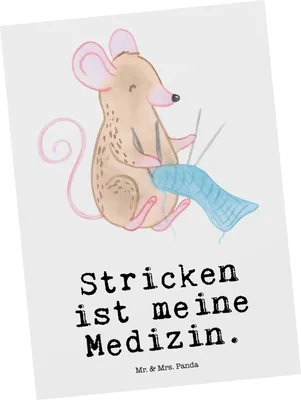 Produktbild von Mr. & Mrs. Panda Postkarte Maus Stricken - Weiß - Geschenk, Grußkarte, Ansichtskarte, Postkarten, DIY, Fotokarte, Ansichtskarten