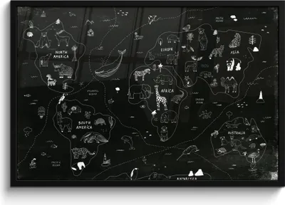 Produktbild von MuchoWow® MuchoWow® Gerahmtes Poster Weltkarte - Kinder - Schwarz - Weiß 90x60 cm - Poster mit zchwarzem Bilderrahmen - Fotorahmen - Foto-Plakat