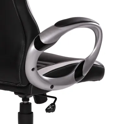 Close-up of the armrest and lever of a black office chair.