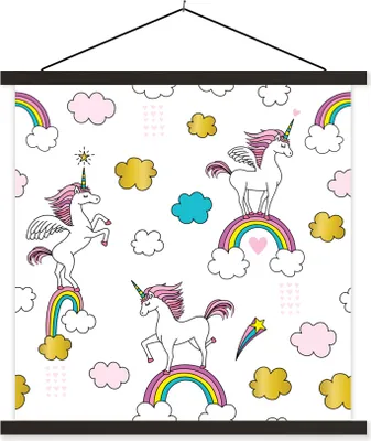 Produktbild von MuchoWow® Textilposter Eine Illustration von Einhörnern auf Regenbögen - Mädchen - Kinder - Kinder 120x120 cm mit schwarzem Rahmen - Aufhängungsset