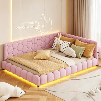 Zdjęcie produktu dla Łóżko tapicerowane INONEFT, 140x200 cm, z oświetleniem LED i portami USB, sofa do spania, idealna jako łóżko gościnne, łóżko dziecięce, łóżko dla młodzieży, dwuosobowe, wykonane z wełny merynosów, kolor różowy