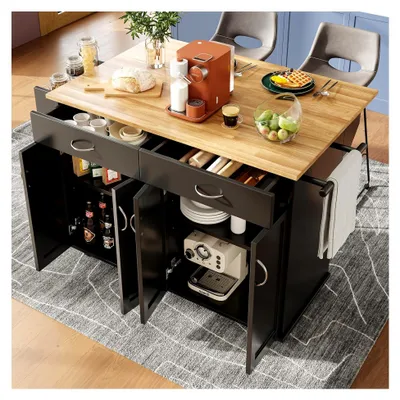 Produktbild von Kücheninsel mit klappbarer Arbeitsplatte, freistehender Servierwagen, Sideboard mit Schrank, Schubladen, Gewürzablage, verstellbaren Regalen, Buffetschrank in Schwarz