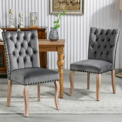 Productafbeelding van MODFU Eetkamerstoelen, keukenstoelen, woonkamerstoelen met unieke deurklinken, set van 2, gestoffeerde stoelen met nagelkopsdecoratie, poten van massief hout, fluwelen bekleding, grijs