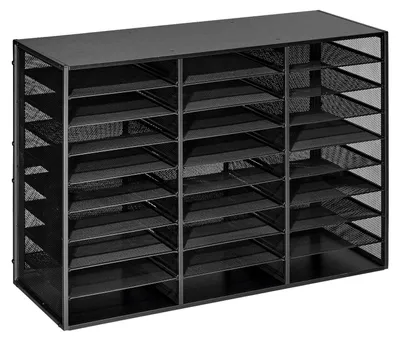Image de Organisateur de documents, boîte aux lettres de bureau métallique avec 27 compartiments et treillis métallique amovible, classeur de courrier avec plateau en bois, organisateur de bureau pour le rangement de documents, papiers et fichiers, de couleur noire
