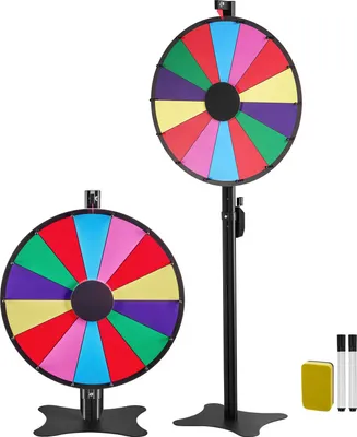 Produktbild von SucceBuy Glücksrad Drehrad (61 cm) mit 14 Feldern und höhenverstellbarem Ständer, ideal für Lotteriespiele, Gewinnspiele und Veranstaltungen. Inklusive Tafelschwamm und 2 Markern, 6-farbige Gestaltung, perfekt für Partys, Messen und Bars.