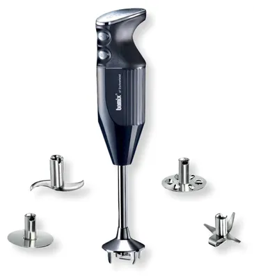 A Bamix MAXX immersion blender with several attachments displayed around it, all on a white background.