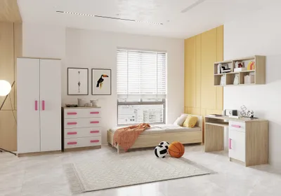A child's bedroom set displayed in a staged room setting.