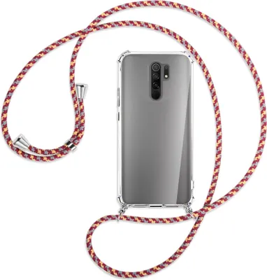 Produktbild von Handykette Backcover-Schutzhülle mit Band (Metall silberfarben) für Xiaomi Redmi 9 - weinrot/gelb/grau