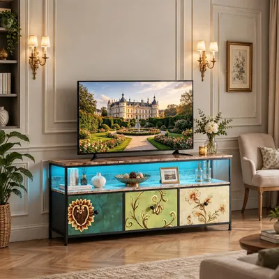 Immagine prodotto di Mobile TV INONEFT con 3 cassetti imbottiti e illuminazione LED, 137x30x57 cm. Mobile TV basso con vani aperti e struttura in metallo, ideale per il soggiorno, disponibile in diverse colorazioni