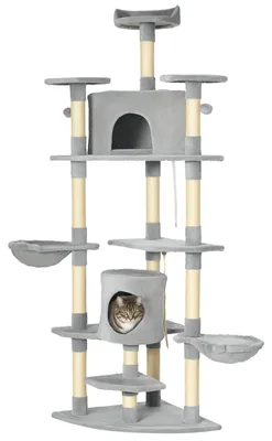 Productafbeelding van Krabpaal met 2 hangmatten en 2 kattenholletjes inclusief speelgoed, pluche sisaltouw, lichtgrijs