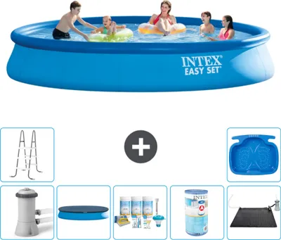 Produktbild von Intex runder aufblasbarer Easy Set-Schwimmpool – 457 x 84 cm – Blau – inklusive Pumpe Abdeckung - Wartungspaket - Filter - Solarmatte - Leiter - Fußbad