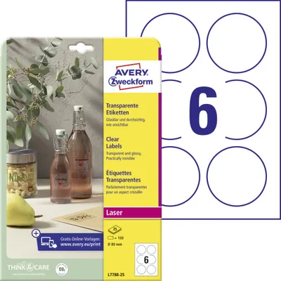 Produktbild von Avery Zweckform L7788-25 Transparente Etiketten, A4, Ø 80 mm, 25 Bogen/150 Etiketten, transparent