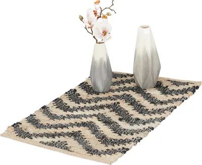 Image de Tapis de couloir Relaxdays, coton et jute, 50 x 80 cm, antidérapant, tissé à la main, pour le couloir ou la cuisine, motif en zigzag, beige/noir